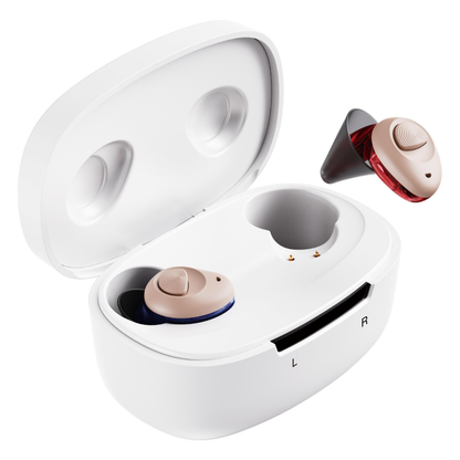 A pair of small, flesh-toned Ceretone Torch In-Ear Hearing Aids with blue and red bases—one earbud inside a white charging case marked “L” and “R,” the other outside—for crystal-clear hearing.