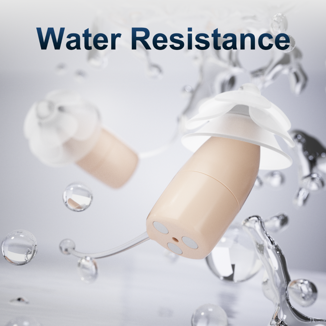 Two beige Ceretone Core One Pro Invisible-In-Canal Hearing Aids are shown with splashing water, emphasizing their water resistance. "Water Resistance" appears at the top in bold blue, highlighting clear sound even when wet.