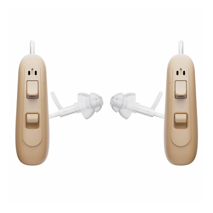 A pair of beige Ceretone Solid Behind-The-Ear Hearing Aids with clear ear tips are shown facing each other against a white background, designed for clear hearing.
