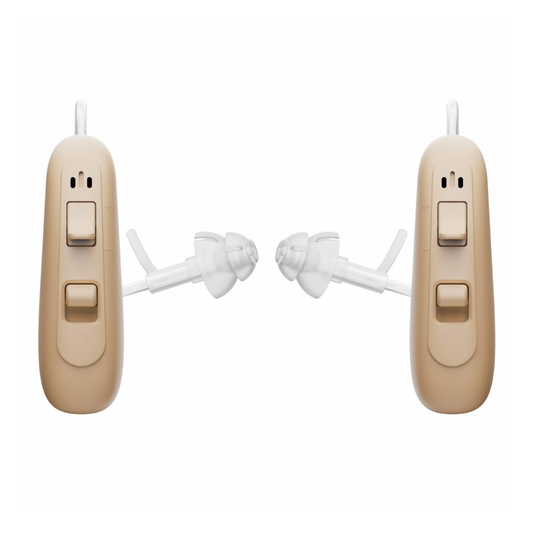 A pair of beige Ceretone Solid Behind-The-Ear Hearing Aids with clear ear tips are shown facing each other against a white background, designed for clear hearing.