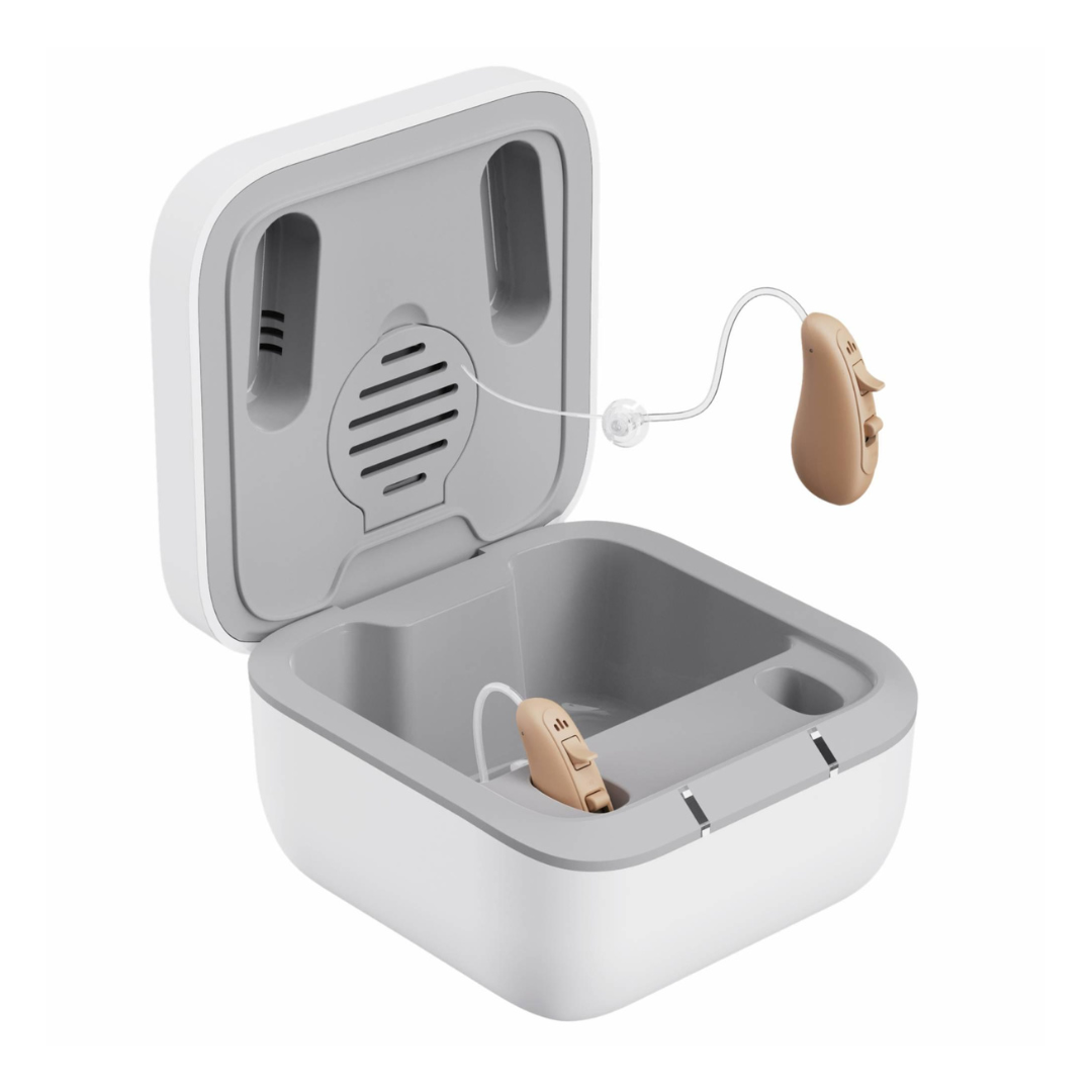 A pair of beige Ceretone Solid Behind-The-Ear Hearing Aids with thin wires rests in an open white and gray charging case, revealing interior compartments and a built-in speaker for clear sound.