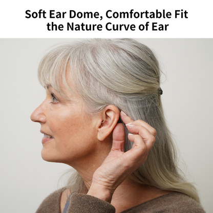 An older woman with gray hair places a Ceretone Nexus Behind-The-Ear Hearing Aid behind her ear. Text above reads, Soft Ear Dome, Comfortable Fit the Nature Curve of Ear. She smiles in side profile with a light background. Warranty details available.
