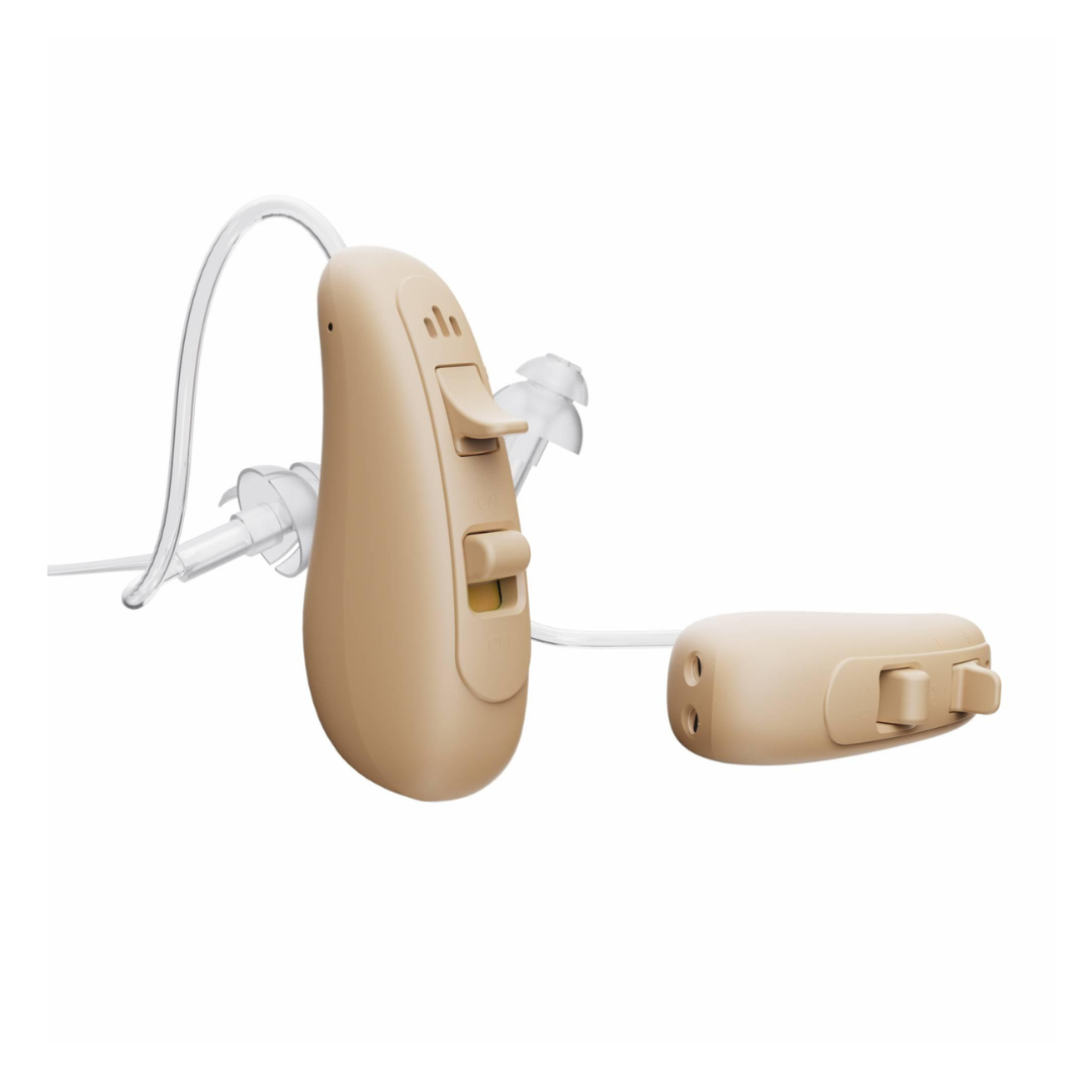 The Ceretone Solid Behind-The-Ear Hearing Aids, shown in beige with a clear tube and silicone earpiece, are pictured from two angles on a white background. The device has easy control buttons and switch for clear hearing.