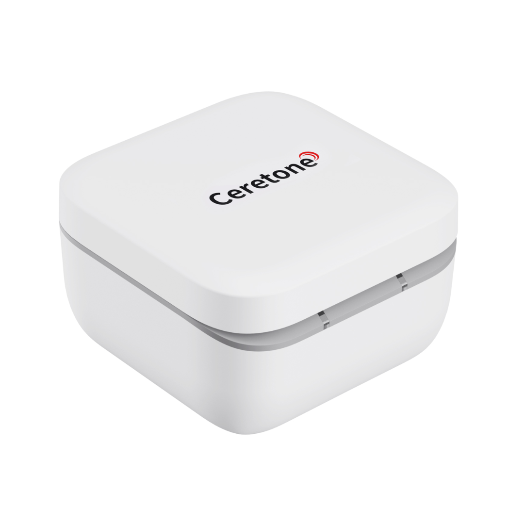 A white, square plastic case with rounded edges and "Ceretone" printed on the lid in black, featuring a red and gray logo. Perfect for storing Ceretone Solid Behind-The-Ear Hearing Aids, it keeps your devices secure and ready for clear hearing.