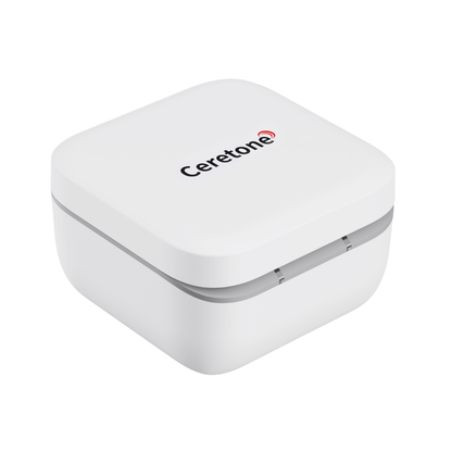 A white, square plastic case with rounded edges and "Ceretone" printed on the lid in black, featuring a red and gray logo. Perfect for storing Ceretone Solid Behind-The-Ear Hearing Aids, it keeps your devices secure and ready for clear hearing.