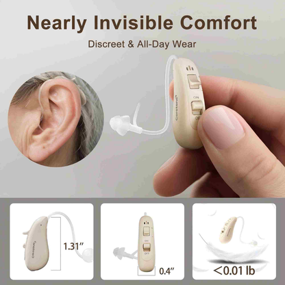 A Ceretone Solid Behind-The-Ear Hearing Aid in beige is shown close to an ear, featuring a discreet, lightweight design (<0.01 lb), compact size (1.31 x 0.4 in), easy on/off switch, and all-day comfort for clear hearing.