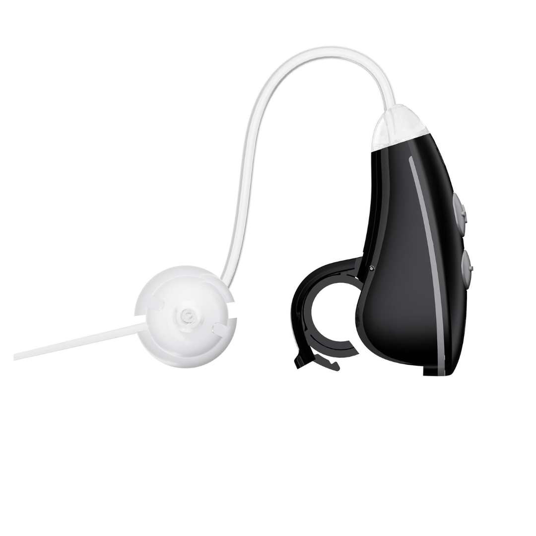 The Ceretone Nexus Behind-The-Ear Hearing Aid, shown in black with a slim white tube and round earpiece, is displayed on a white background. View specifications, downloads, and warranty details for more information.