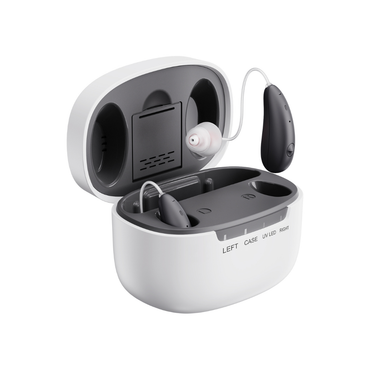 A pair of Ceretone Beacon Behind-The-Ear High Quality Hearing Aids in black and silver sit in a white charging case with labeled left and right slots, showcasing the charging ports for easy storage and recharging.