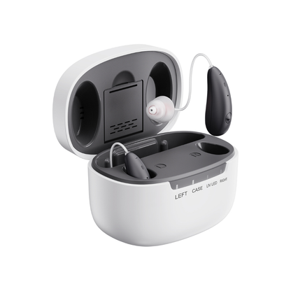 A pair of Ceretone Beacon Behind-The-Ear High Quality Hearing Aids in black and silver sit in a white charging case with labeled left and right slots, showcasing the charging ports for easy storage and recharging.