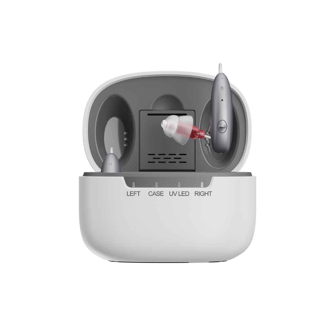 A Ceretone Beacon Behind-The-Ear High Quality Hearing Aid sits in the right slot of a white charging case labeled LEFT, CASE, UV LED, and RIGHT, with the case lid open.