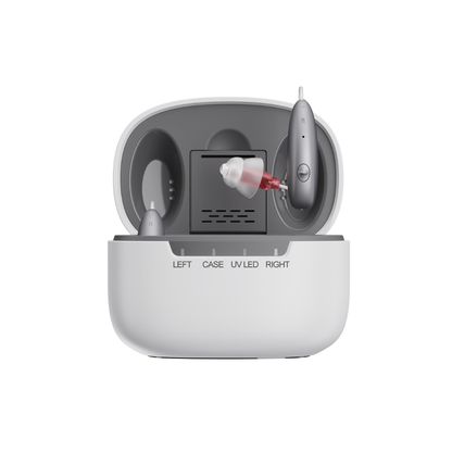 A Ceretone Beacon Behind-The-Ear High Quality Hearing Aid sits in the right slot of a white charging case labeled LEFT, CASE, UV LED, and RIGHT, with the case lid open.