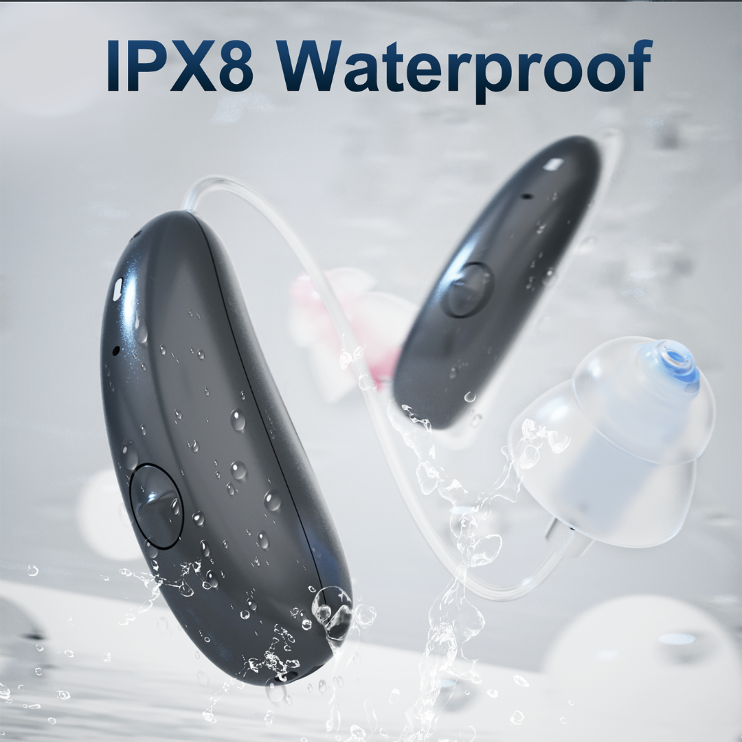Two black Ceretone Beacon Behind-The-Ear High Quality Hearing Aids with clear ear tips and water droplets are shown against a blurred background with running water. Large text above displays "IPX8 Waterproof.