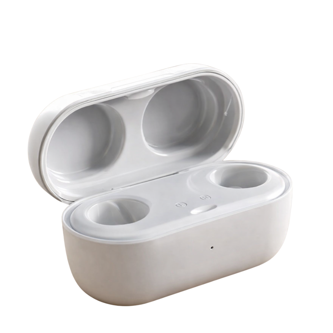 A white Charging Case for Vivtone Supermini CIC Hearing Aid is shown open, displaying empty slots for two earbuds. The case features a smooth, minimalistic design.