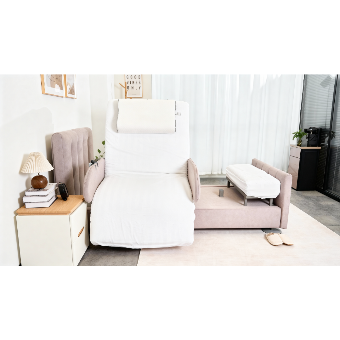 A modern bedroom features the Charme Starsleep Orin Rotating Full Electric Lift Assist Bed with Heat & Massage, partially converted into a reclining chair. Nearby, a nightstand holds essentials and slippers rest on a light rug in soft natural light.