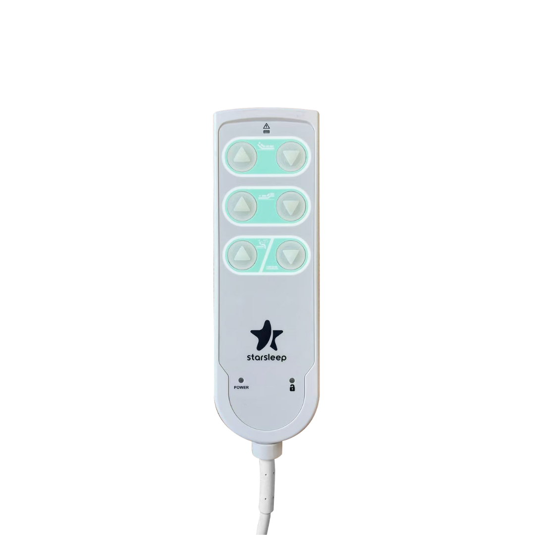 A white remote for the Charme Starsleep Orin Rotating Full Electric Lift Assist Bed with Heat & Massage features six round buttons in two columns, up/down arrows, indicator lights, logo, power light, and a bottom cable.