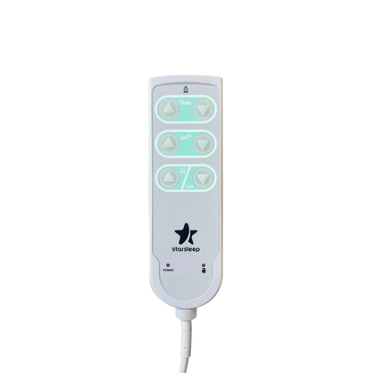 A white remote for the Charme Starsleep Orin Rotating Full Electric Lift Assist Bed with Heat & Massage features six round buttons in two columns, up/down arrows, indicator lights, logo, power light, and a bottom cable.