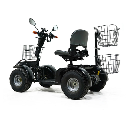 The Green Transporter Cheeta Ninja All-Terrain HD Scooter Golf Cart is a four-wheeled electric scooter with large tires, padded seat and armrests, rear-view mirrors, handlebar controls, and front and rear wire baskets on a white background.