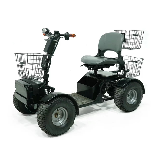 The Green Transporter Cheeta Ninja All-Terrain HD Scooter Golf Cart features four wheels, a black cushioned seat, handlebars, and front and rear baskets—providing superior all-terrain personal transportation.