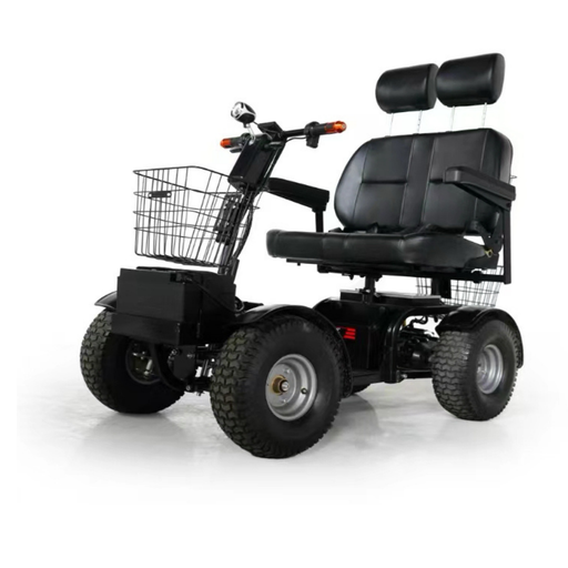 A black Green Transporter Cheeta Ninja All-Terrain HD Scooter Golf Cart features four wheels, large tires for all terrains, two padded seats with headrests and armrests, a front basket, and a powerful lithium battery. Displayed on a plain white background.