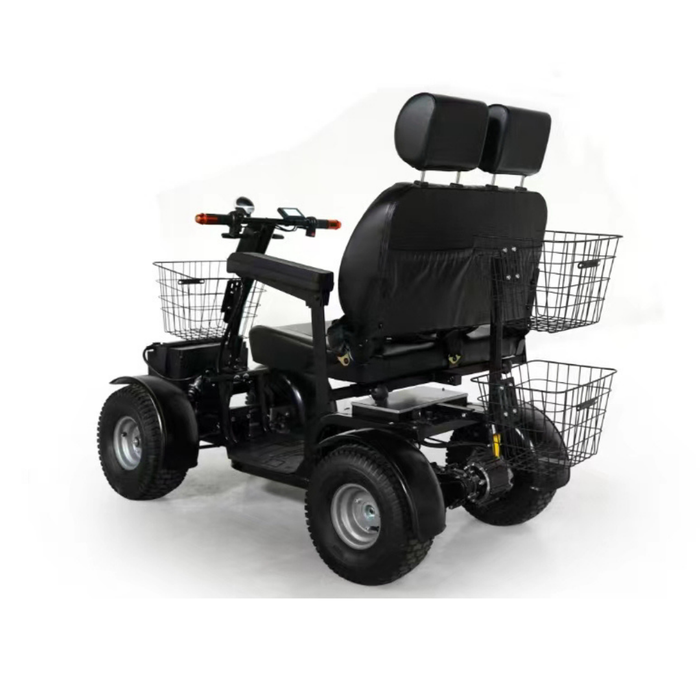A black Green Transporter Cheeta Ninja All-Terrain HD Scooter Golf Cart with four wheels, two seats, headrests, three wire baskets, and handlebars is shown from the back on a white background; it features a lithium battery.