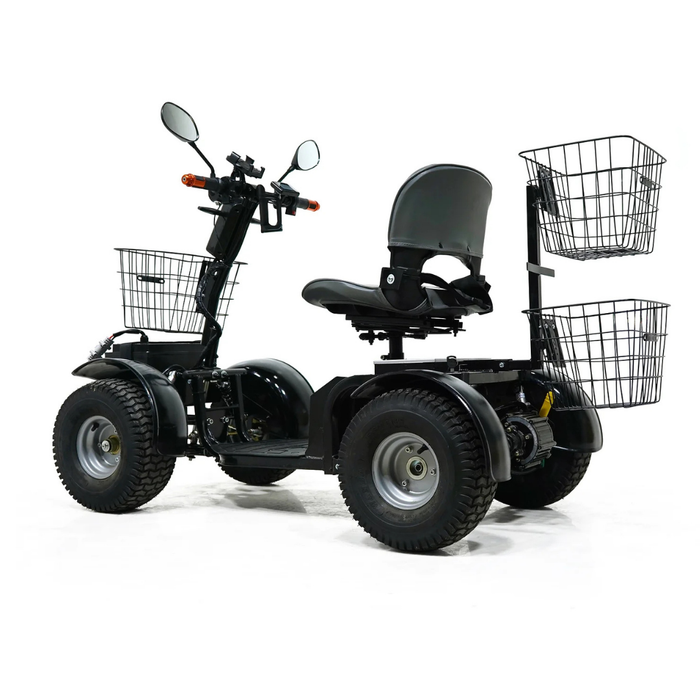 The Green Transporter Cheeta Ninja All-Terrain HD Scooter Golf Cart is a four-wheeled electric scooter with large tires, padded seat and armrests, rear-view mirrors, handlebar controls, and front and rear wire baskets on a white background.
