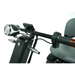 Close-up of a Green Transporter Cheeta Ninja All-Terrain HD Scooter Golf Cart’s handlebars, highlighting the headlight, rearview mirrors, handgrips, and gray seat—emphasizing its all-terrain capability against a white background.