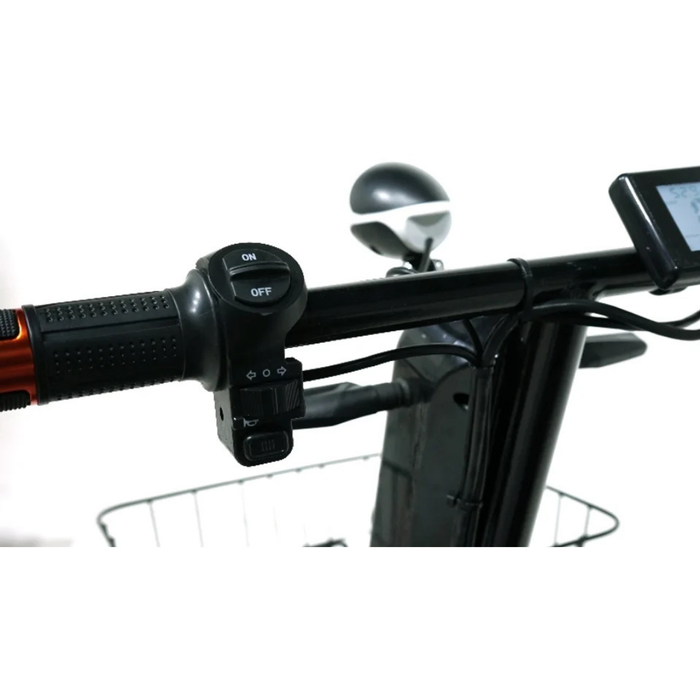 Close-up of a Green Transporter Cheeta Ninja All-Terrain HD Scooter Golf Cart handlebar featuring a black ON/OFF switch, rubber grip, small display screen, and front basket—designed for all terrains and powered by a long-lasting lithium battery.
