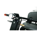 Close-up of the Green Transporter Cheeta Ninja All-Terrain HD Scooter Golf Cart handlebar with headlight, turn signals, hand grips, plus part of the seat and rear basket—engineered for all-terrain use and powered by a reliable lithium battery.