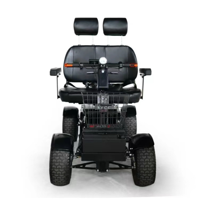 Front view of the Green Transporter Cheeta Ninja All-Terrain HD Scooter Golf Cart, a black four-wheeled mobility scooter with wide seat, two headrests, armrests, front basket, textured tires—all shown against a plain white background.