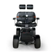 Front view of the Green Transporter Cheeta Ninja All-Terrain HD Scooter Golf Cart, a black four-wheeled mobility scooter with wide seat, two headrests, armrests, front basket, textured tires—all shown against a plain white background.