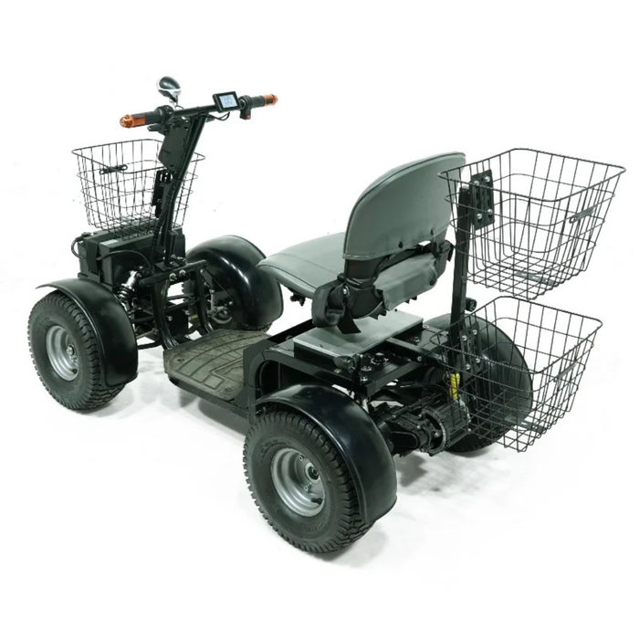 The Green Transporter Cheeta Ninja All-Terrain HD Scooter Golf Cart is a four-wheeled electric scooter with a lithium battery, gray seat, handlebars, and two wire baskets—one in front and one at the rear—shown on a plain white background.