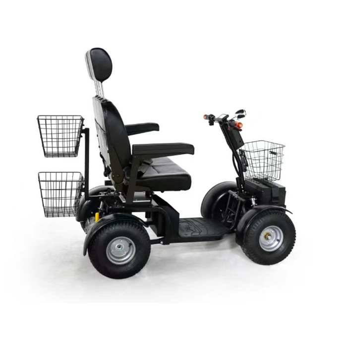 Side view of the Green Transporter Cheeta Ninja All-Terrain HD Scooter Golf Cart, a black mobility scooter with four large wheels, padded seat, headrest, armrests, three wire baskets, and handlebars on a white background.