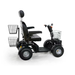 Side view of the Green Transporter Cheeta Ninja All-Terrain HD Scooter Golf Cart, a black mobility scooter with four large wheels, padded seat, headrest, armrests, three wire baskets, and handlebars on a white background.