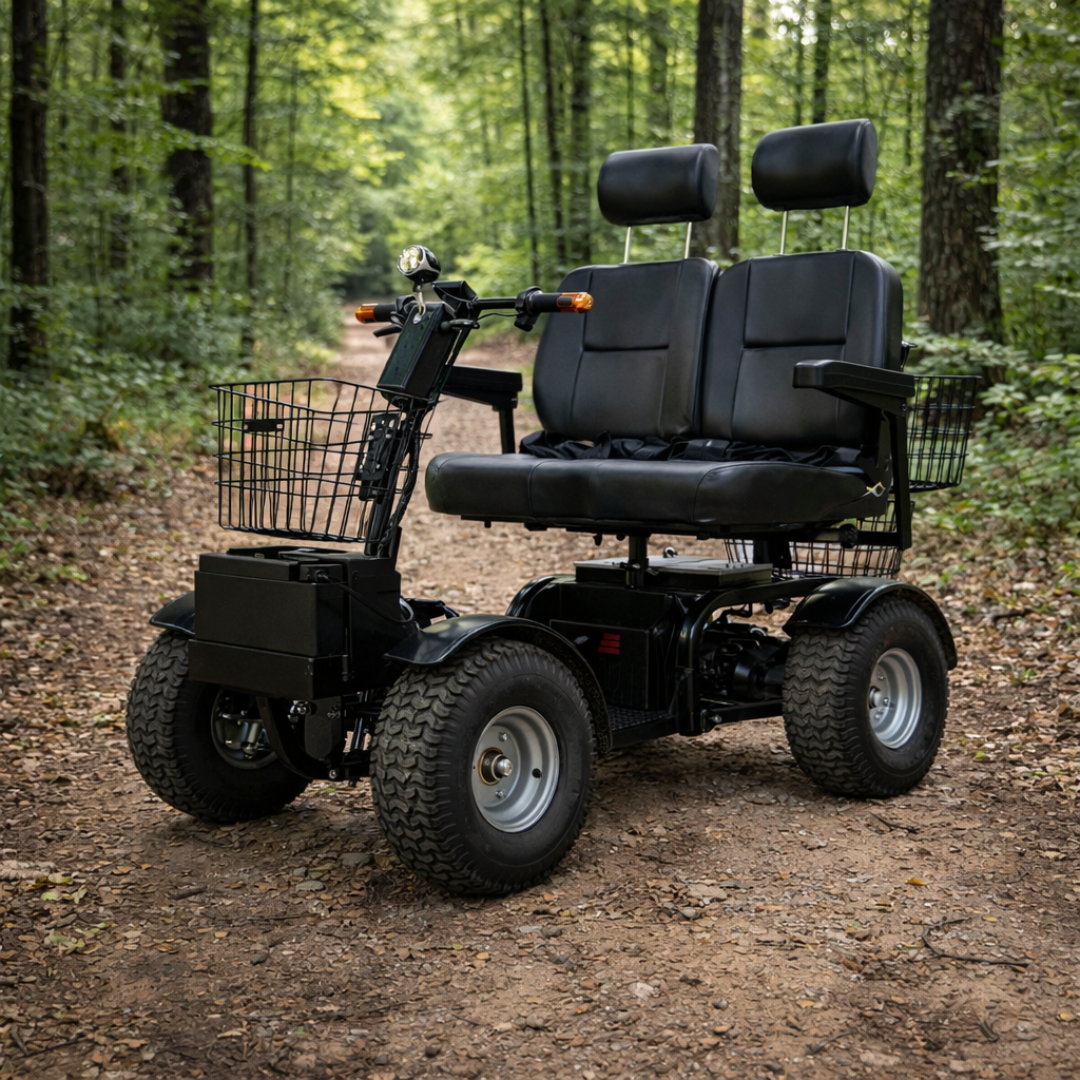 The Green Transporter Cheeta Ninja All-Terrain HD Scooter Golf Cart, featuring dual seats, a 48V 1100W motor, large tires, and front and rear baskets, stands on a forest trail among green trees.