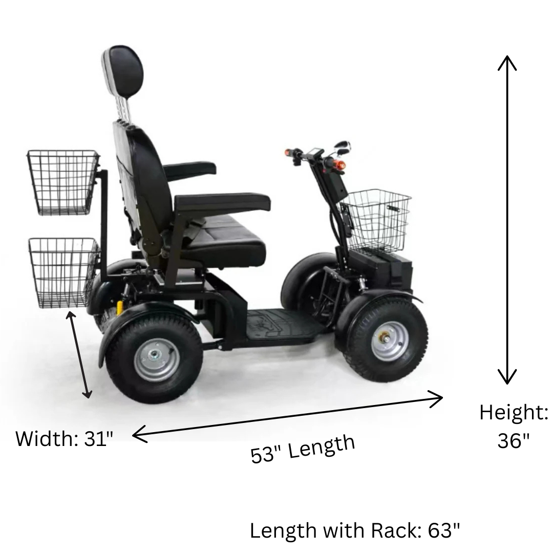 Side view of a Green Transporter Cheeta Ninja All-Terrain HD Scooter Golf Cart in black, featuring front and rear baskets, armrests, and headrest. Dimensions: 31" wide, 36" high, 53" long (63" with rear rack).