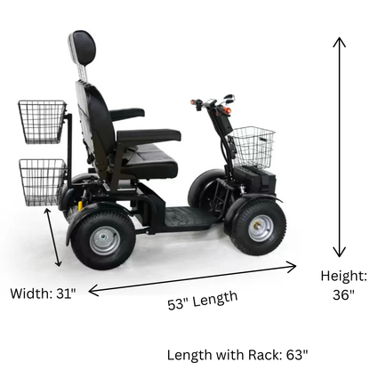 Side view of a Green Transporter Cheeta Ninja All-Terrain HD Scooter Golf Cart in black, featuring front and rear baskets, armrests, and headrest. Dimensions: 31" wide, 36" high, 53" long (63" with rear rack).