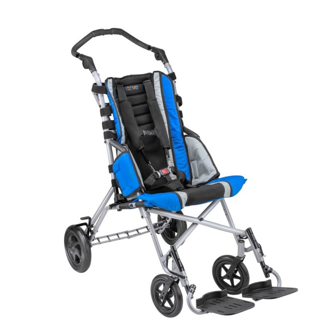 The Circle Specialty Strive EZ Adaptive Stroller is a foldable blue and black pediatric wheelchair with a padded seat, safety harness, footrests, and four wheels—an ideal mobility aid for children with mobility needs.
