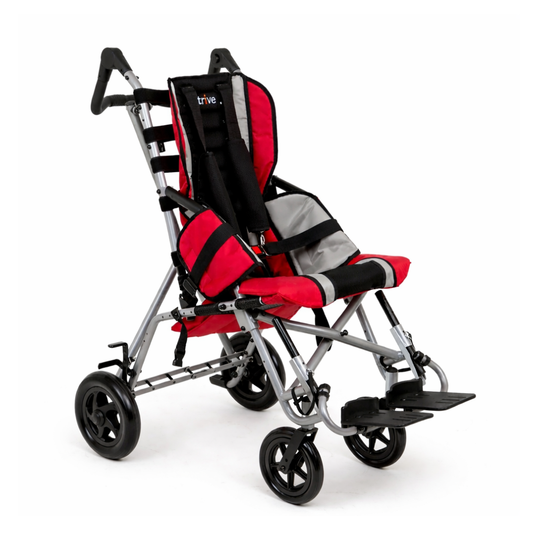 The Circle Specialty Strive EZ Adaptive Stroller is a red and gray pediatric wheelchair with a lightweight frame, black wheels, adjustable harness, footrests, and padded seating for children with mobility needs.