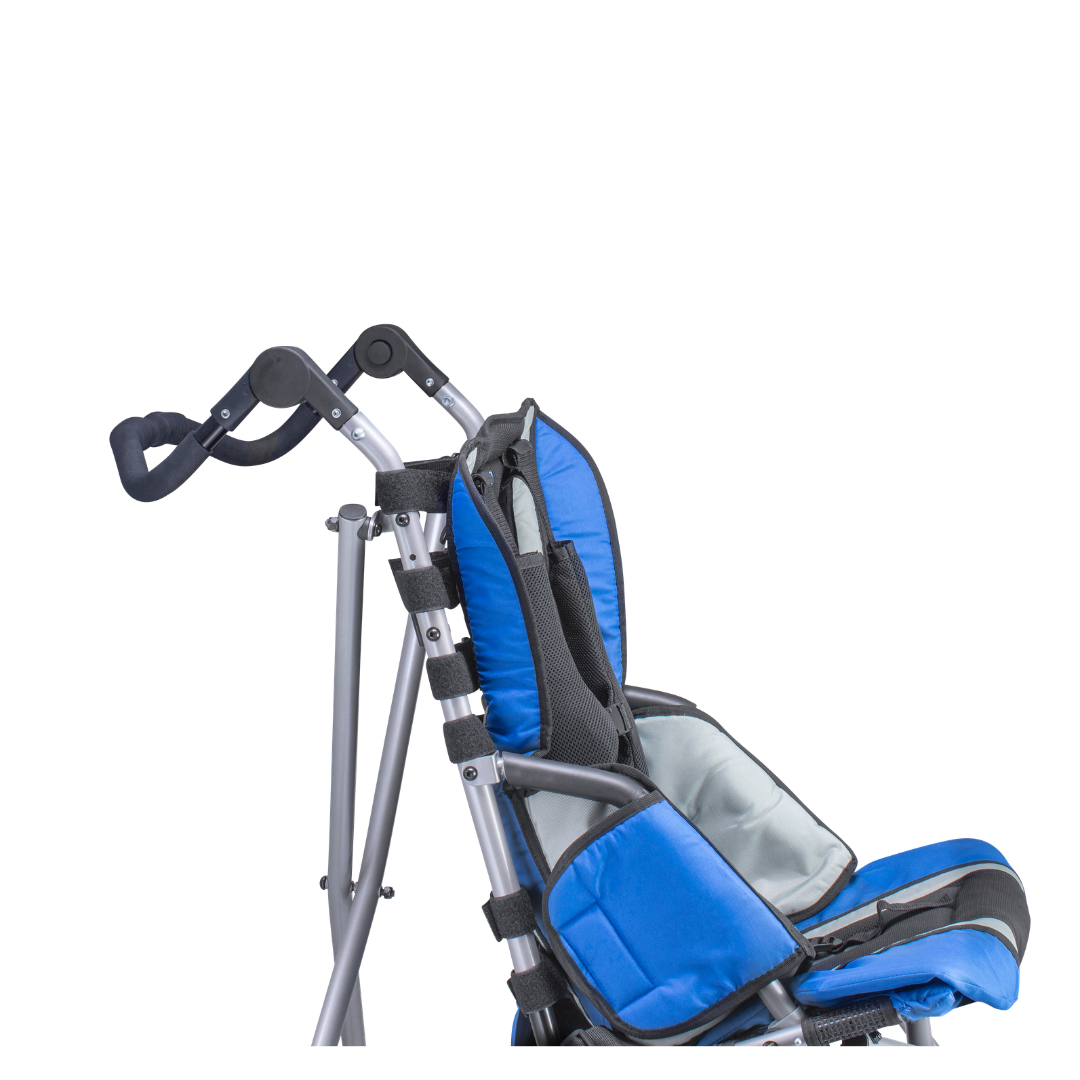 The Circle Specialty Strive EZ Adaptive Stroller, shown with visible handles and sturdy metal frame against a white background, features padded straps and adjustable seat depth for comfortable and secure child transport.