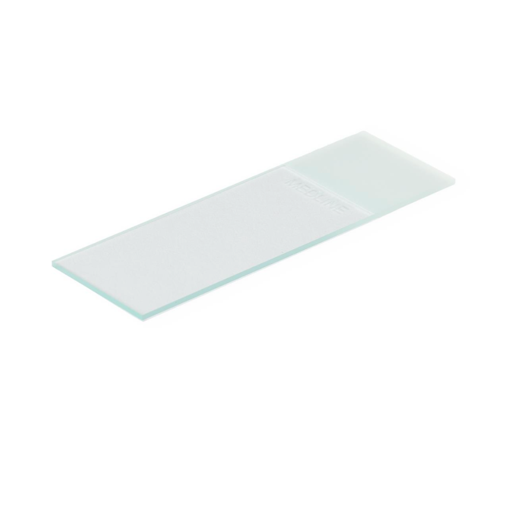 A single Medline ClearValue Glass Microscope Slide is shown at an angle against a white background.