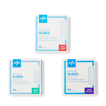 Three boxes of Medline ClearValue Glass Microscope Slides are shown: one Color Plain, one Color Frosted White, and one Color Frosted. Each contains 72 slides, 25 x 75 x 1 mm, with ground 90° edges.