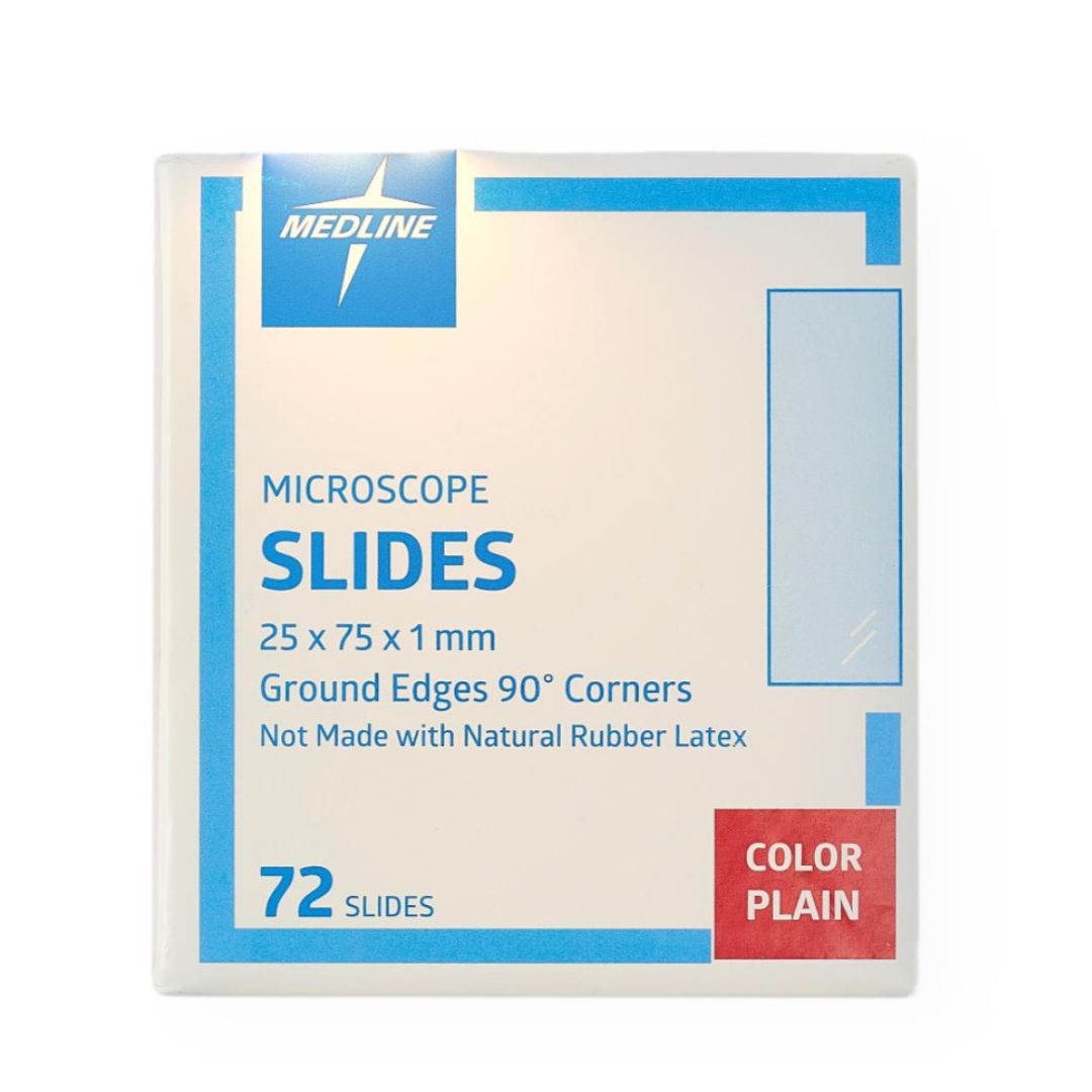 A white and blue box labeled Medline ClearValue Glass Microscope Slides contains 72 plain laboratory slides, 25 x 75 x 1 mm with ground edges and 90° corners; not made with natural rubber latex.