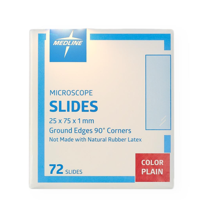 A white and blue box labeled Medline ClearValue Glass Microscope Slides contains 72 plain laboratory slides, 25 x 75 x 1 mm with ground edges and 90° corners; not made with natural rubber latex.