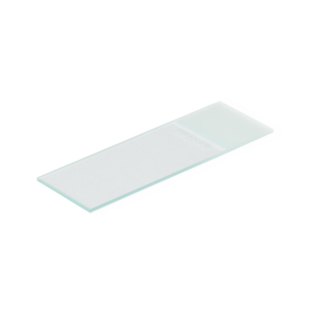 A Medline ClearValue Glass Microscope Slide with a frosted end is shown on a white background, perfect for accurate laboratory work.