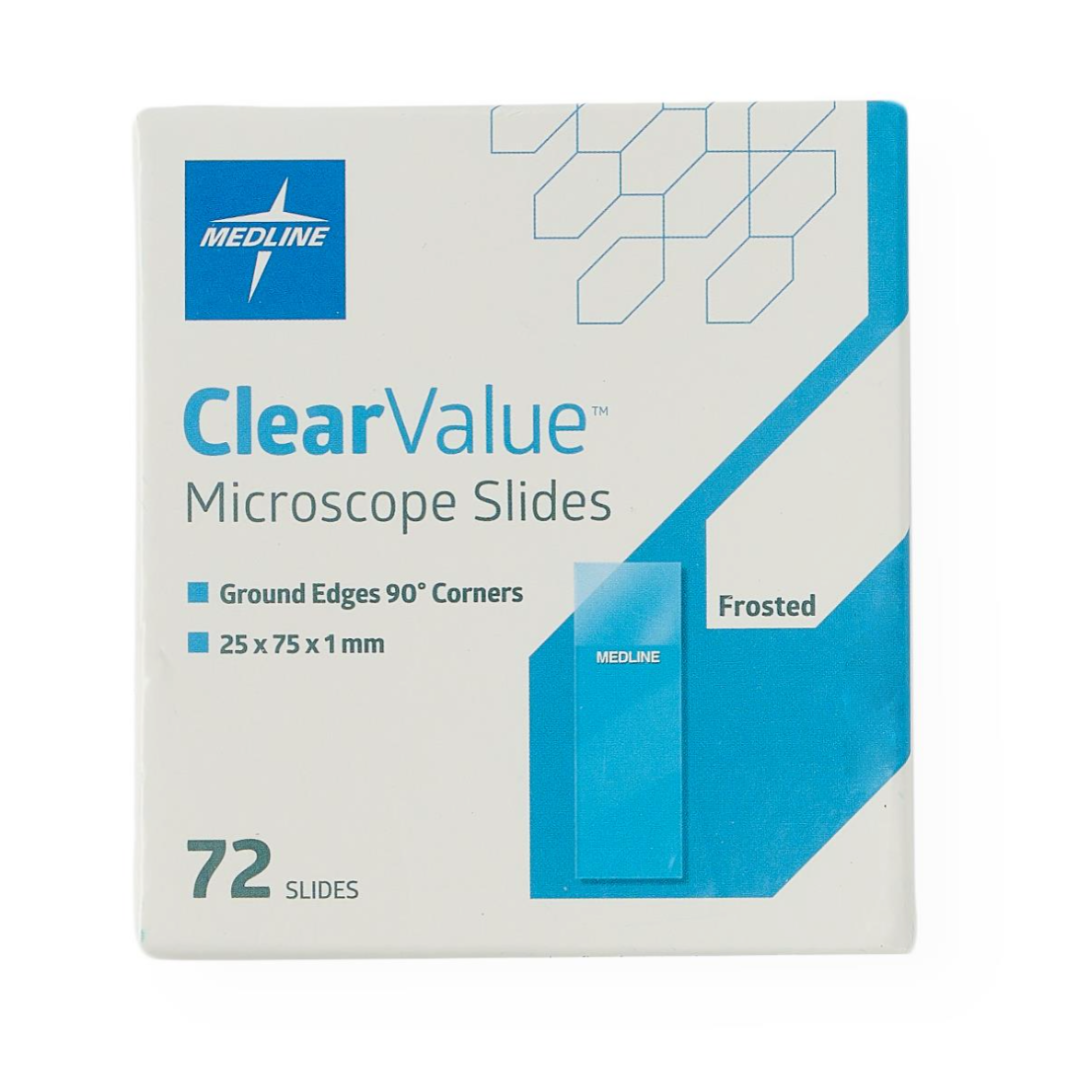 A box of Medline ClearValue Glass Microscope Slides contains 72 slides (25 x 75 x 1 mm) with ground edges and 90° corners, packaged in a white box with blue accents and geometric designs.