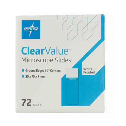 A white box labeled Medline ClearValue Glass Microscope Slides contains 72 white frosted slides (25 x 75 x 1 mm) with ground edges and 90° corners. The packaging features blue geometric designs.