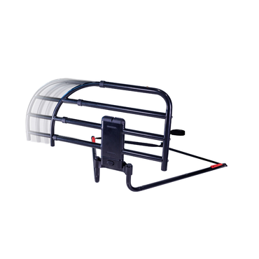 The Stander Click-N-Go Extendable Bed Rail for Adjustable Beds is a black metal rail with a handle and horizontal bars, featuring adjustable length for nighttime safety and fall prevention. Partially shown translucent to demonstrate extension.