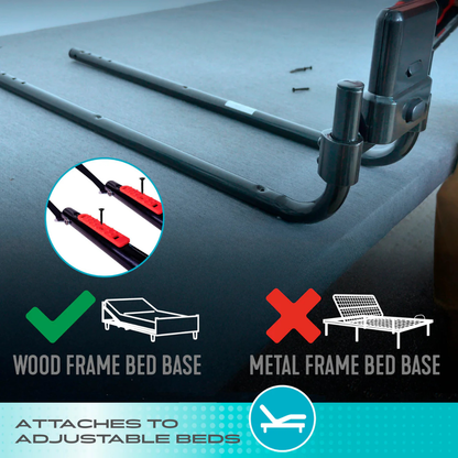 The Stander Click-N-Go Extendable Bed Rail for Adjustable Beds attaches to the side of a mattress on a wooden frame—green check for wood frames, red X for metal frames—showing safe nighttime use and compatibility with adjustable beds.