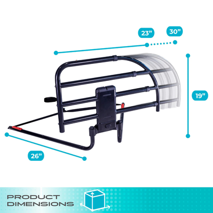The Stander Click-N-Go Extendable Bed Rail for Adjustable Beds is shown in black metal with clear panels, offering nighttime safety. Size: 23" W x 30" H x 19" D, base: 26". Product Dimensions text and icon display at the bottom.