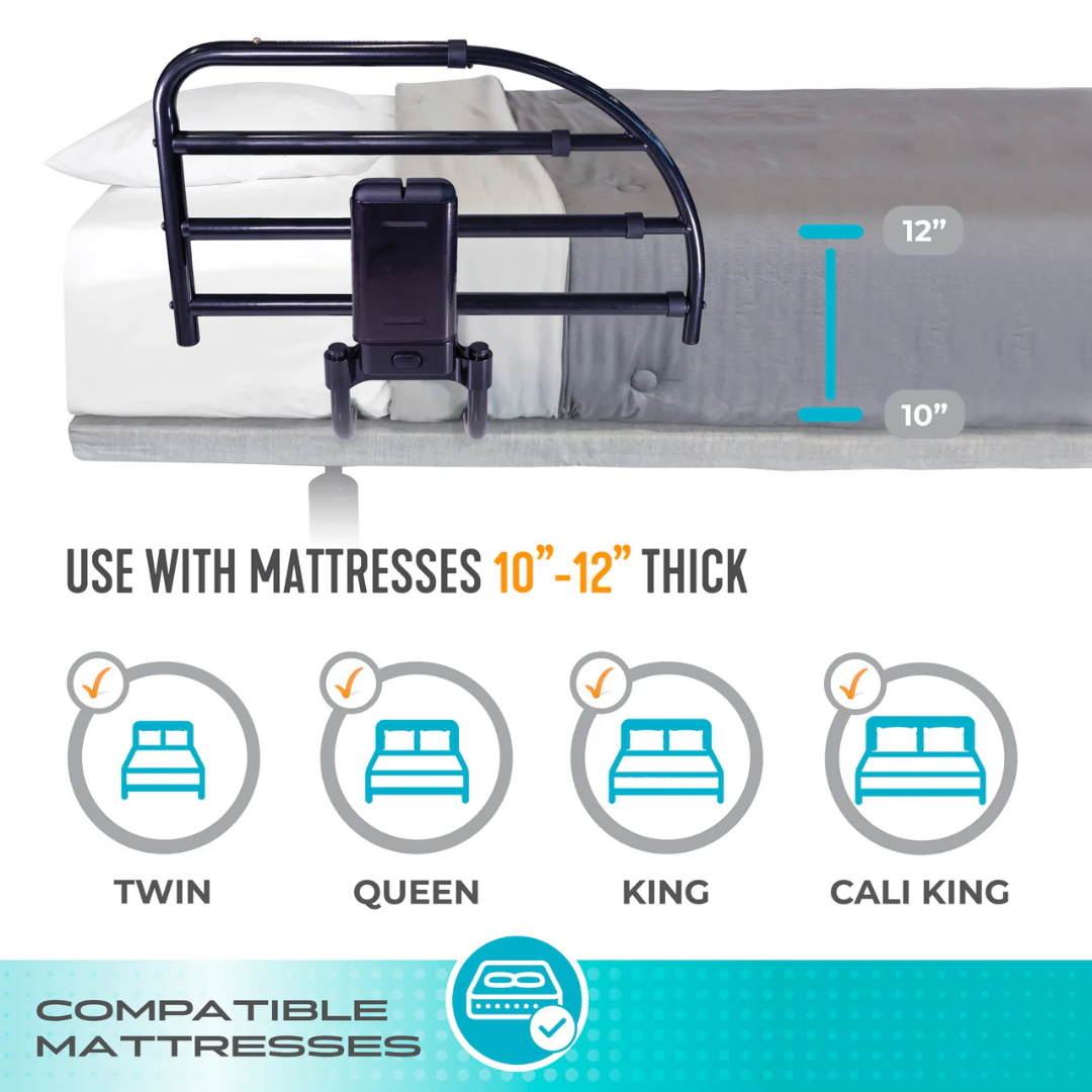 The Stander Click-N-Go Extendable Bed Rail for Adjustable Beds, attached to a bed with a gray blanket, provides nighttime safety. It fits 10-12 inch mattresses and is compatible with twin, queen, king, and California king beds.